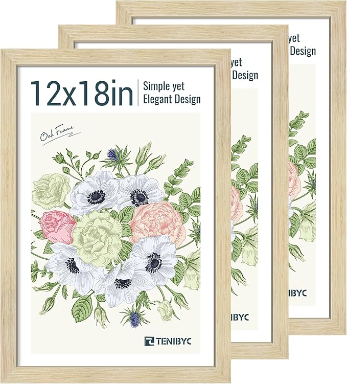 12x18 Poster Frames Set - 3 Pack - Natural Oak Wood - Tempered Glass - for Wall Photos, Family Memories, Posters & Puzzles, Home Decor