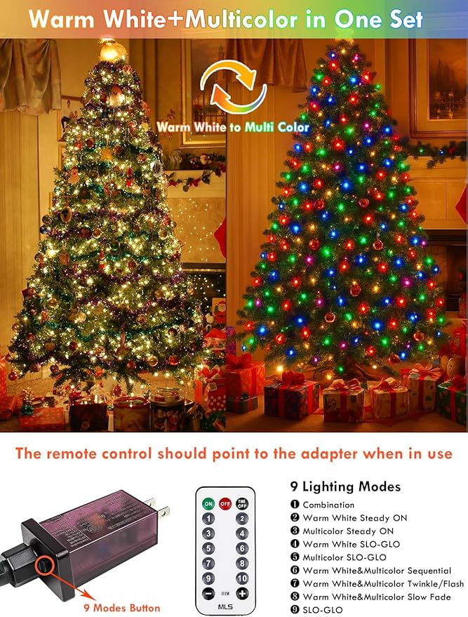 2 Pack Warm White to Multicolor Christmas Lights Indoor Outdoor, Super Bright 66FT 200 LED String Lights Waterproof, Twinkle Xmas Light with Timer for Bedroom Party Christmas Tree Decorations