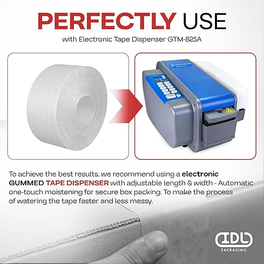 IDL Packaging 2.83" x 450 Feet Reinforced Water-Activated Kraft Gummed Tape 30lb Thickness (Pack of 4) - Secure Paper Packing Tape for Secure Carton Sealing - Heavy-Duty for All Conditions, White