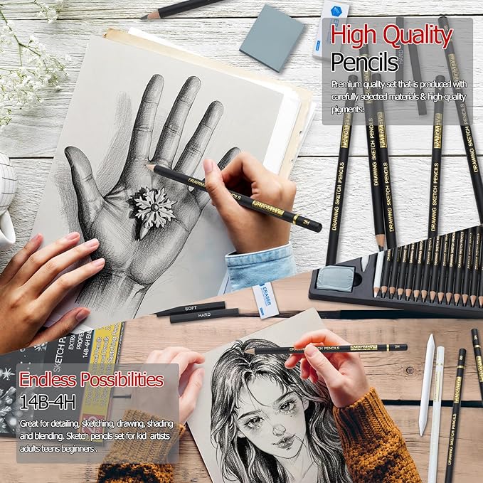 PANDAFLY 26-Piece Professional Sketch Pencil Set - Includes 4H to 14B Graphite Pencils, Charcoal Pencils, Charcoal Sticks, Vinyl Eraser, Kneaded Eraser, Sharpener, Blending Stump
