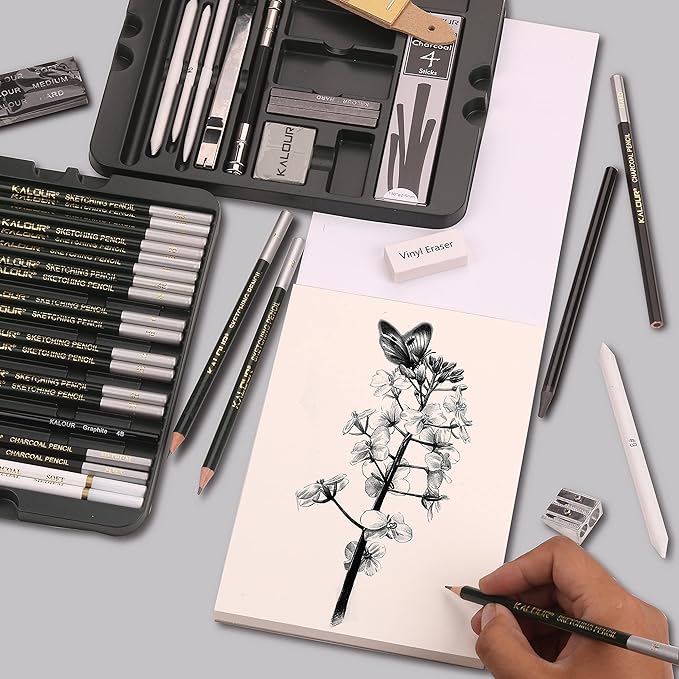 KALOUR 52-Pack Sketch Drawing Pencils Kit with Two Sketchbook,Tin Box,Include Graphite,Charcoal and Artists Tools,Pro Art Drawing Supplies for Adults Beginner Kids