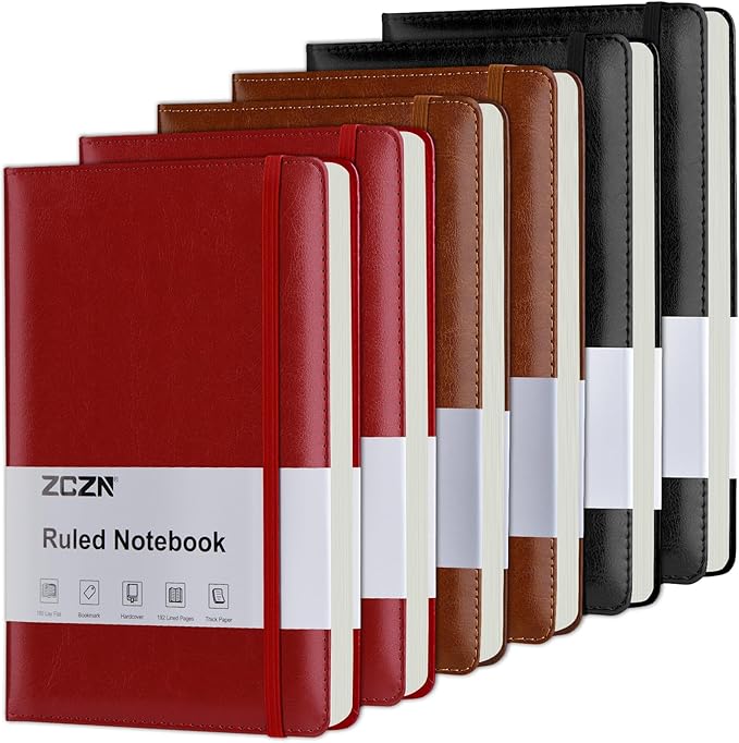 ZCZN 6 Pack Lined Journal Notebooks, 192 Pages A5 Hardcover Leather Journals for Work,Writing,School & Travel, College Ruled Journaling Notebooks for Notes Taking,Diary Notepad (Black*2+Brown*2+Red*2)