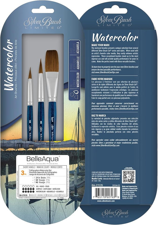 Silver Brush Limited BA-2703S BelleAqua Calligraphers Watercolor Brush Set, 3pc Professional Soft Synthetic Red Sable Short Handle Paint Brush Set, Small & Medium Triangle and 3/4 Inch Stroke Brushes