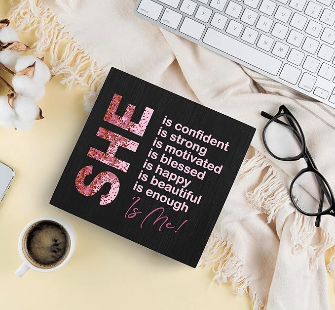 SRADMO Inspirational Woman Affirmation Wood Box Sign, Feminist Gifts, Female Women Empowerment Gifts, Motivational Positive Wooden Block Box Sign Decoration for Home Shelf Table Decor(Black), 8x8 Inch