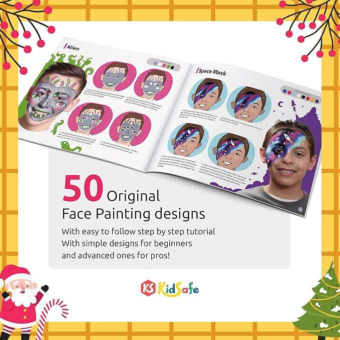 KidSafe 20-Color Face Painting Kit for Kids: Non-Toxic Water-Based Paints with Professional Tutorial Book (50 Designs), Stencils, Glitters, Hair Chalks & Brushes