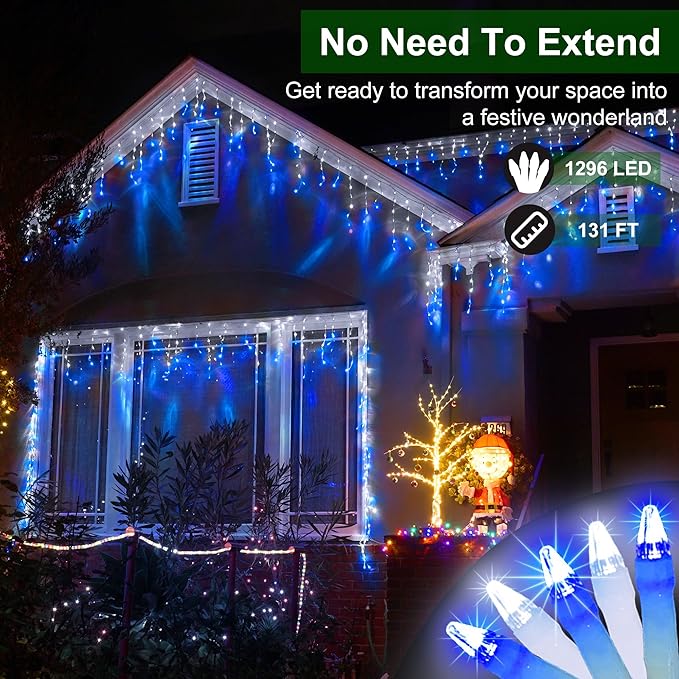 1296 LED Outdoor Christmas Lights with 288 Drops, 131FT Christmas Fairy Lights with 8 Modes Timer, Twinkly Lights IP44 Waterproof for Eaves Yard Holiday Wedding Party Decor Blue & Cool White