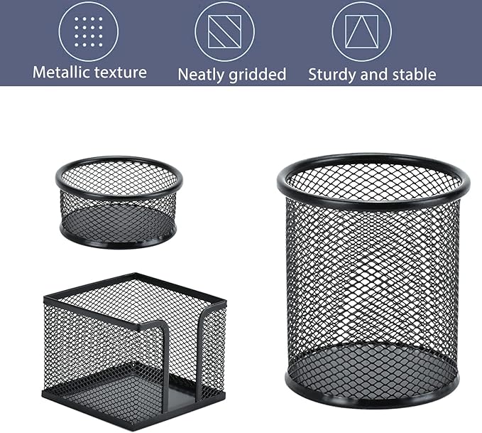 Pen Holder Desktop Pencil Organizer Metal Mesh Pen Cup Paper Clip Holder Memo Pad Holder Stationary Organizer for Desk 3 Pieces of a Set
