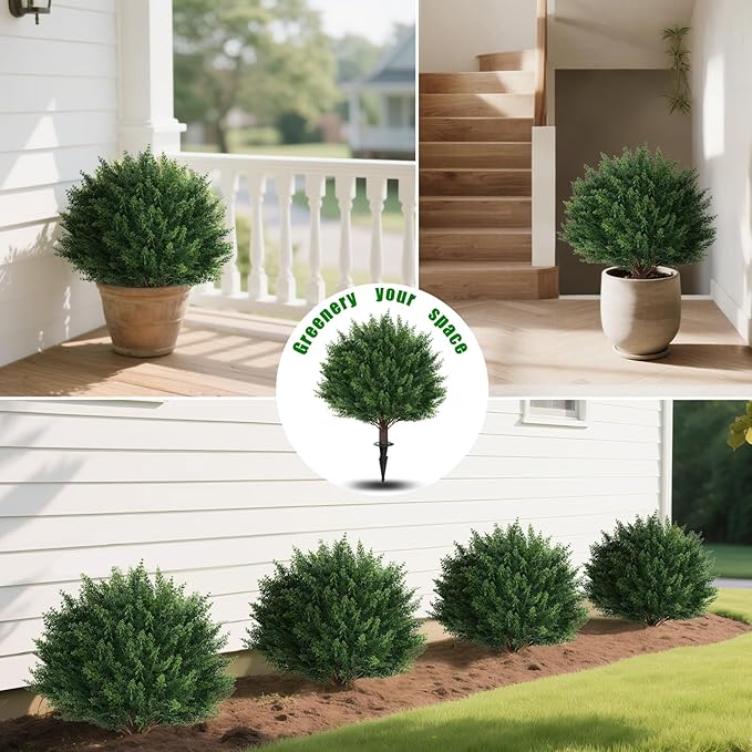 Artificial Set of 2 Cedar Topiary Ball Trees 23" for Outdoors with Ground Spike, UV Resistant Faux Cypress Plants, Evergreen Shrubs Bushes for Front Porch Garden Backyard Decor