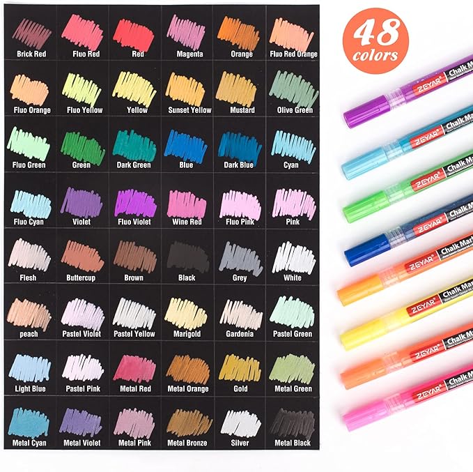 ZEYAR Liquid Chalk Marker, Wet Erase Marker, Water-Based Opaque Ink, Fine Tip for Detailed Drawing, Writes on Nonporous Chalkboards, Bistro Boards, Windows, Plastic and more (48 Full Colors)