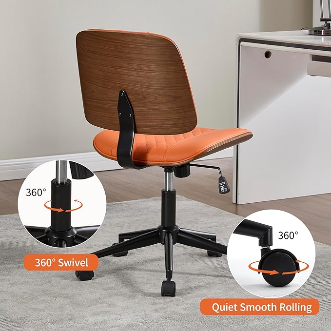 Small Home Office Chair - Armless Mid Back Desk Chair with 360° Swivel and Wheels, PU Upholstered Height Adjustable Modern Walnut Computer Chair for Home, Office Meeting Room - Orange