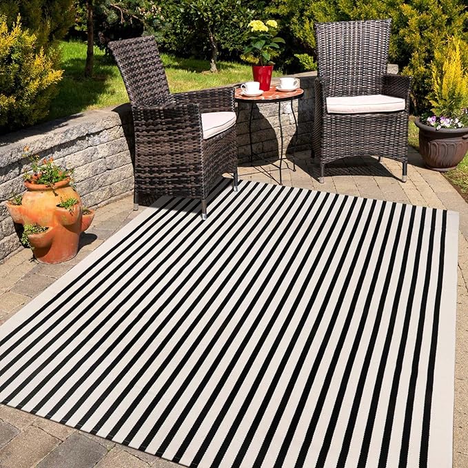 Collive Black and White Outdoor Rug, 5x8ft Striped Outdoor Christmas Rug, Reversible Washable Patio Rugs,Cotton Hand Woven Indoor Area Rug Floor Carpet for Indoor Outdoor Christmas Porch Decor