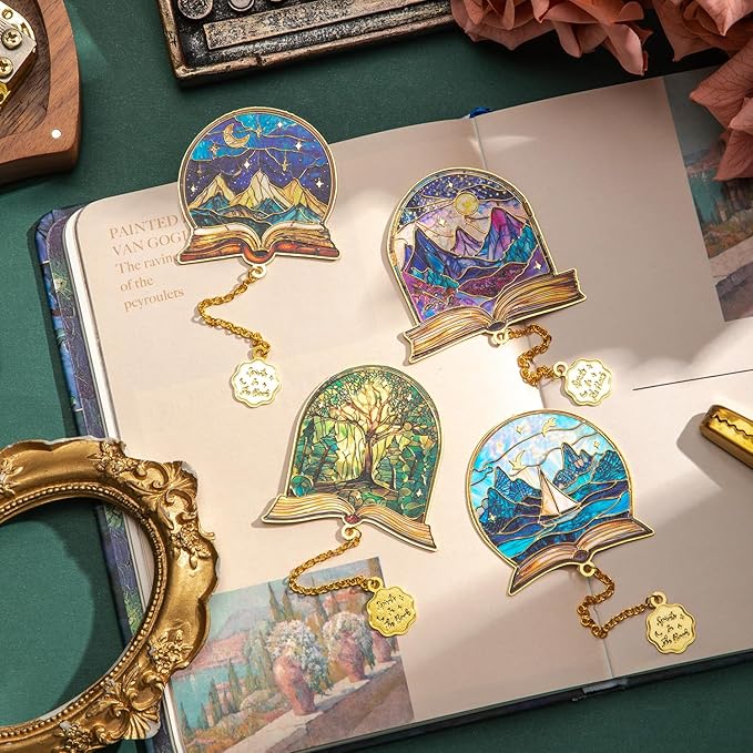 4pcs Metal Bookmarks with Chain, Inspirational Book Marks Set Featuring Books, Mountains, Stars, Forest & River - Perfect Book Markers Gift for Book Lovers, Readers, Kids, Teens, Men, Women, Adults