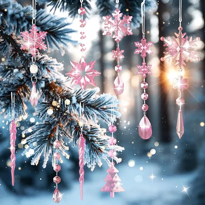Lanpn 22pcs Christmas Ornaments Crystal Christmas Tree Decoration, Hanging Clear Acrylic Snowflake Icicle Drop Crystal Pendants for Xmas Tree Winter New Year Outdoor Indoor Party Decoration (Pink)