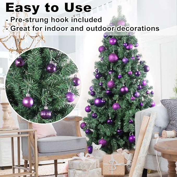 Purple 1.6" Small Christmas Balls Christmas Tree Decoration Ornaments Shatterproof Hanging Balls for Birthday Halloween Holiday Wedding Decorations Set of 24pcs