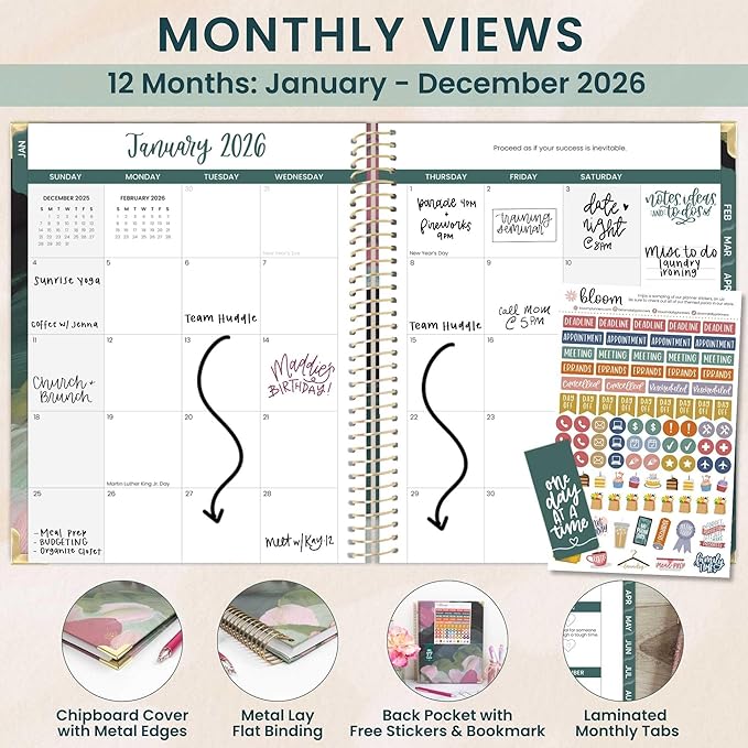 bloom daily planners HARDCOVER 2026 Planner (January to December) - 8.5” x 11” Weekly & Monthly Dated Agenda Organizer Book with Stickers & Tabs - Emerald Paint Strokes