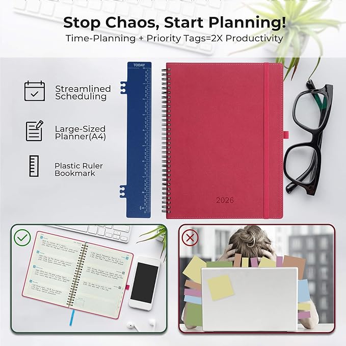 IN-LUXPRO Planner 2026 Daily Weekly and Monthly,11.5"x8.5",12 Months Spiral Bound Calendar Agenda with Self-adhesive Pen Holder,2026 Appointment Book with Vegan Leather Soft Cover,Rose Red