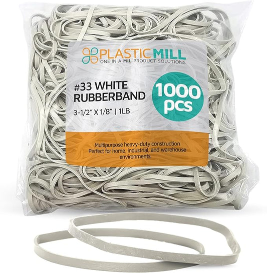 PlasticMill White Rubber Bands Size 33 (3 1/2" x 1/8") - #33 Rubber Bands Office Supplies - Strong, Elastic Bands for Crafts, Balloon Garland, Cash, File Folders (1,000-Pack)