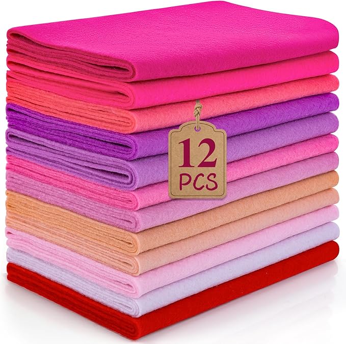 12 Rolls 8"x35"(20.5x90cm) 1.4mm Thick Soft Felt Fabric Sheet 12 Assorted Pink Series Colors Felt Pack for DIY Craft Sewing Squares Nonwoven Patchwork