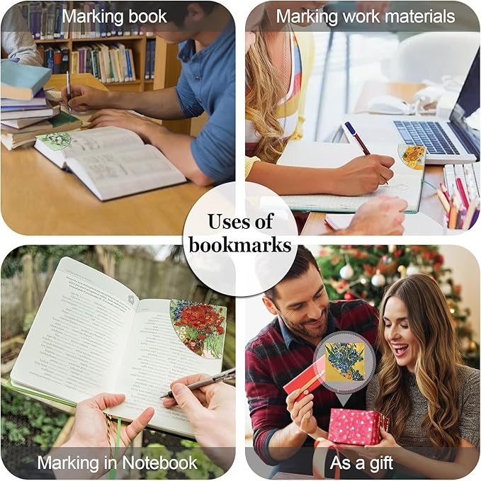 Cute Floral Leather Bookmarks 4Pcs, Van Gogh Oil Painting Making Corner Bookmark, Fun Book Accessories for Reading Book Lovers, Personalized Page Markers（Rose Sunflower Irises Poppies ）