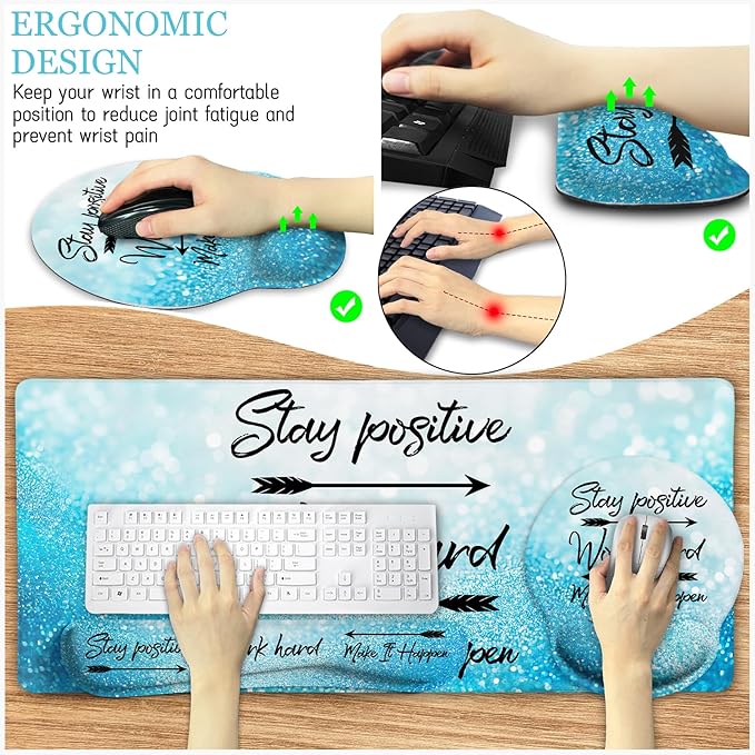 Desk Mat Pad, XXL Large Gaming Mouse Pad with Wrist Rest Wrist Support, Ergonomic Mouse Pad, Keyboard Wrist Rest, Coaster, Home Office Desk Accessories Decor Supplies, Stay Positive