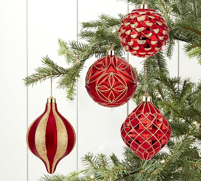 Hollyone 4.7 Inch Large Red and Gold Christmas Ornaments 4Pcs Balls Ornaments Shatterproof Christmas Hanging Ornaments for Xmas Tree Decor with Hook Wedding Party Wreath Home Decor (Red & Gold, 120mm)