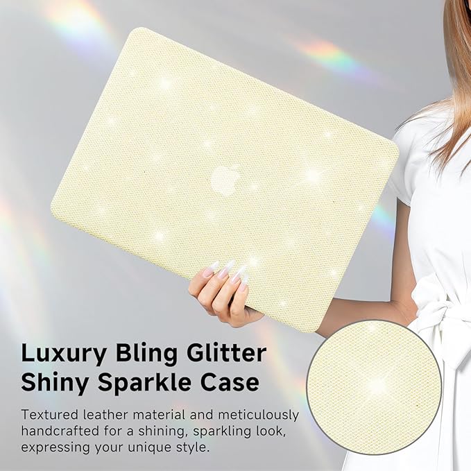 KEROM Bling Glitter Case for MacBook Air 13 inch 2022-2018 M1 A2337 A2179 A1932, MacBook Air M1 Case, Luxury Bedazzled Shiny Sparkle PU Leather Hard Shell & Keyboard Cover for Mac Air 13 M1, Yellow