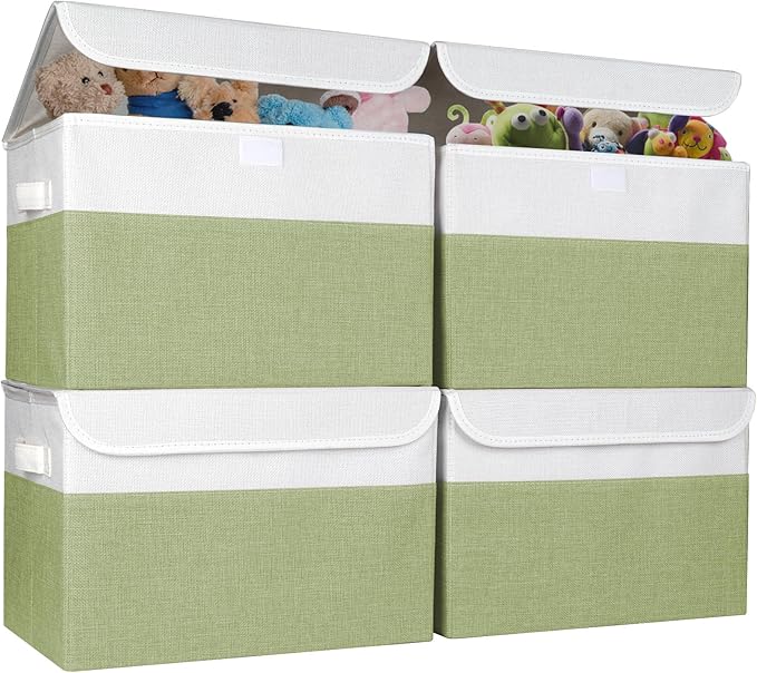 Large 22 Quart Linen Fabric Foldable Storage Bin Cube Organizer Basket with Flip-Top Lid & Handles, Clothes Blanket Box for Home, Office, Closet, Green & White, 4 Pack 14.6 x 9.5 x 9.5