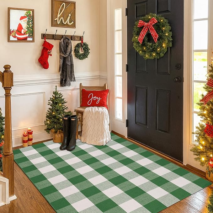 Christmas Green & White Plaid Rug - 4' x 6' Outdoor Front Door Decor Mat Cotton Washable Hand-Woven Rug Christmas New Year Holiday Porch Entryway Layered Doormat