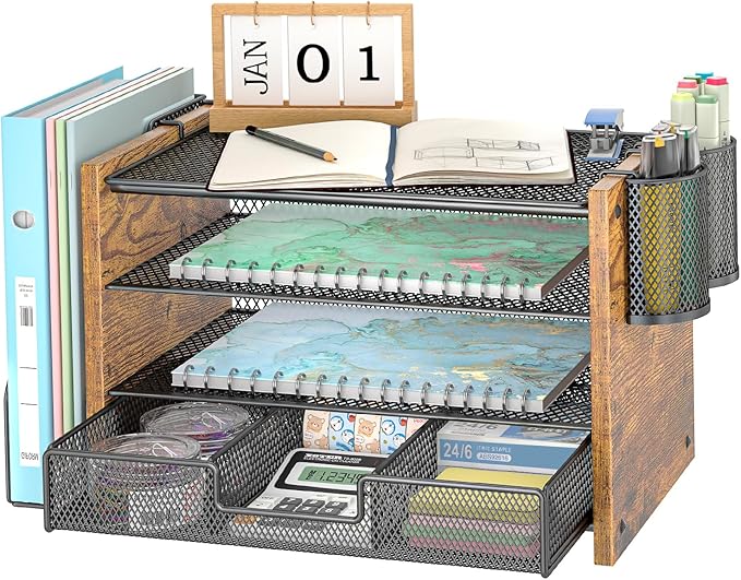 Wooden Desk Organizers and Accessories with File Holder, 4-Tier Paper File Organizer with Drawer & 2 Pen Holders, Office Desk Accessories, Desktop Organizer and Storage for Home Office Supplies