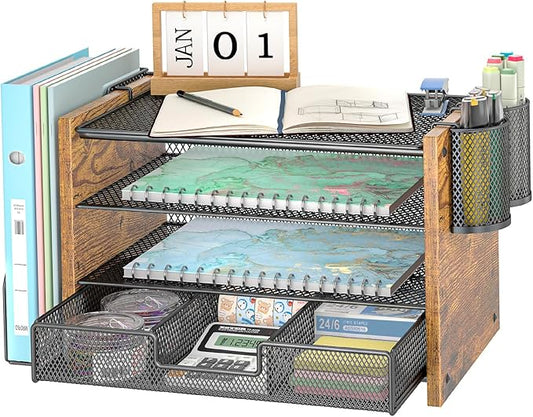 Wooden Desk Organizers and Accessories with File Holder, 4-Tier Paper File Organizer with Drawer & 2 Pen Holders, Office Desk Accessories, Desktop Organizer and Storage for Home Office Supplies