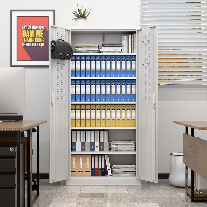 Aobabo Upgraded 71" H×34" W×18" D Metal Garage Storage Cabinet with Pegboards, Lockable Steel Cabinet with 5 Adjustable Shelves and 4 Hooks for Garage, Home, Office, White,Assembly Required