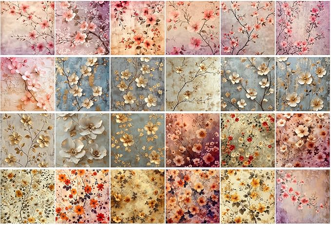 FLONZ Scrapbook Paper (24 sheets 6"x6") Blossom Drift Harmony ~ Delicate cherry and plum blossoms rendered in soft vintage tones using digital watercolor and textured overlay techniques
