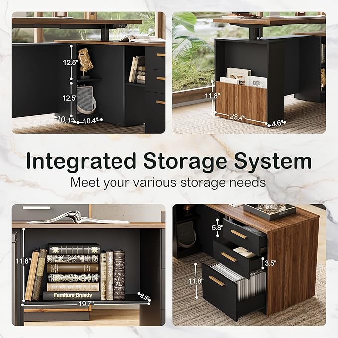 63" Standing Desk with File Cabinet, Privacy Panel, AC/USB, 1.18" Desktop, Executive L Shaped Height Adjustable Electric Stand Up Desk, Home Office Table with 3 Drawers, Black Walnut