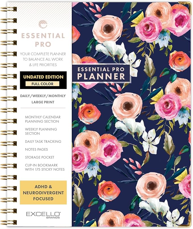 DELUXE ESSENTIAL PRO Undated Daily, Weekly & Monthly Planner,Monthly Tabs,Daily Tracking,Notes Pages,Storage Pocket,Bookmark w Sticky Notes (Small Navy Floral)