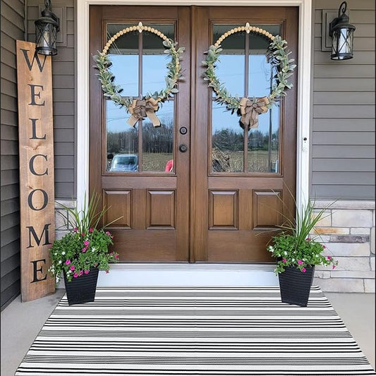 Black and White Striped Outdoor Rug Front Porch Rug 35.4''x59'' Cotton Hand-Woven Welcome Mats Layered Door Mats for Front Porch/Entryway/Laundry Room/Bedroom/Outdoor (35.4''x59'')