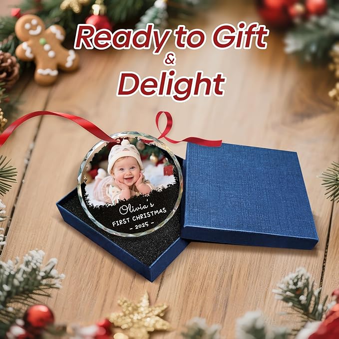Personalized Babys First Christmas Ornament 2025 Boy Girl, My First Christmas Ornament with Photo Text - Custom 1st Christmas Ornaments 2025 for Baby, Newborn Xmas Gifts for New Mom Dad(3.15")