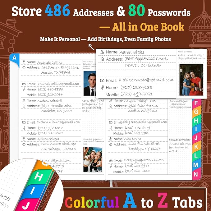 Address Book with Colorful Alphabetical Tabs (4.7" X 6.2") – Telephone Address Contact Book for Seniors, Address Book with Space for Website Address and Internet Passwords (Sienna)