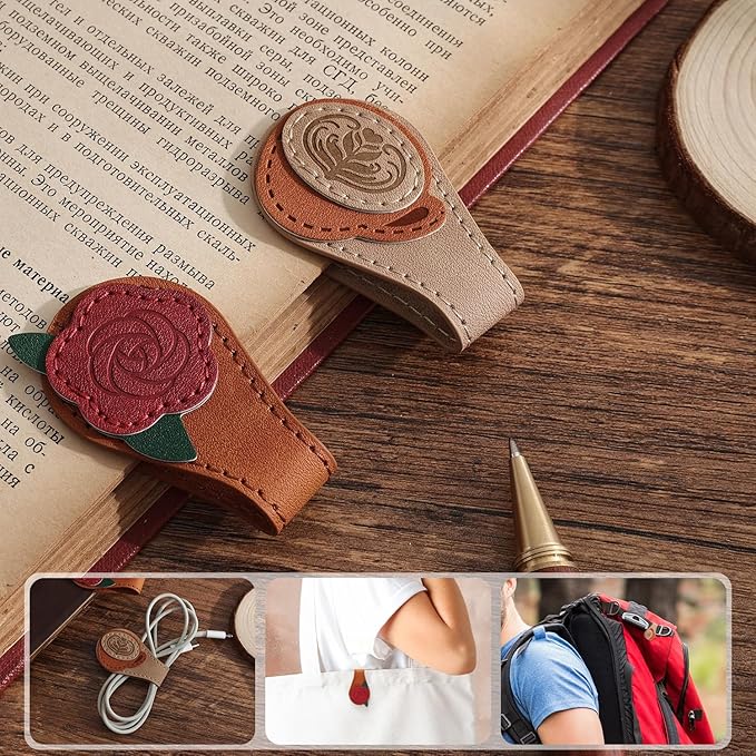 2PCS Vintage Magnetic Leather Bookmark, Leather Magnetic Bookmarks for Women, Magnetic PU Bookmarks Clip Book Accessories