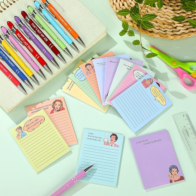 Geyee 24 Pcs Interesting Sticky Notes with Funny Pens Fun Notepads for Adults Coworkers Nurse 3 x 4 Inch to Do List Notepads with Sayings Pen for Lab Week Gifts Teacher Office Supplies
