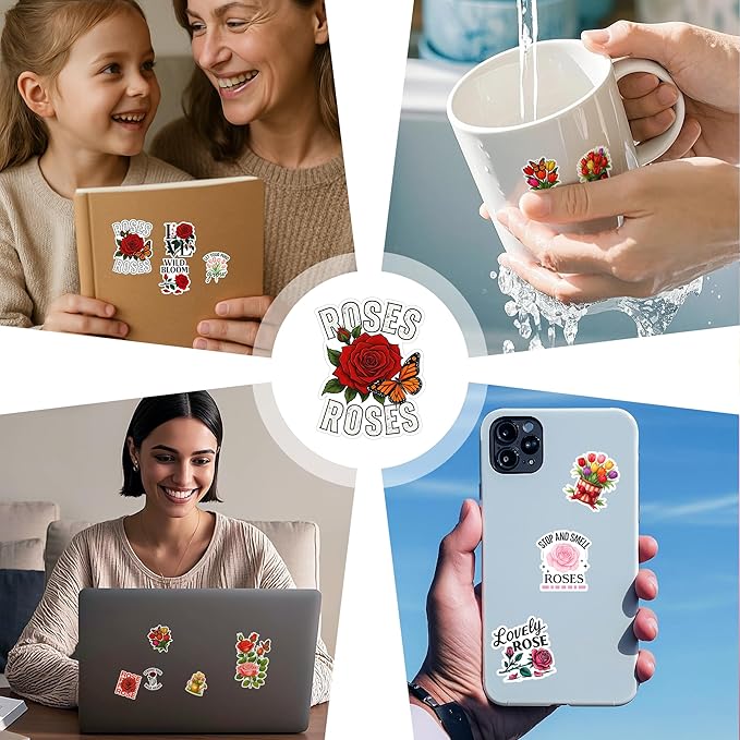 115 PCS Rose and Tulip Stickers Pack, Floral Watercolor Vinyl Waterproof Decals with Roses Tulips Hummingbirds Butterflies, Gift for Kids Teens Adults Laptop Water Bottle Scrapbook