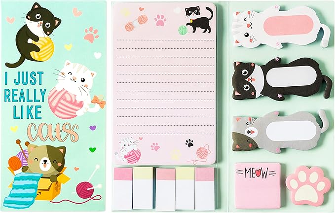 Xqumoi I Just Really Like Cat Sticky Notes Set, 550 Sheets, Cute Cat and Paw Shaped Self-Stick Notes Pads Animal Divider Tabs Bundle Writing Memo Pads Back to School Office Supplies Small Gift