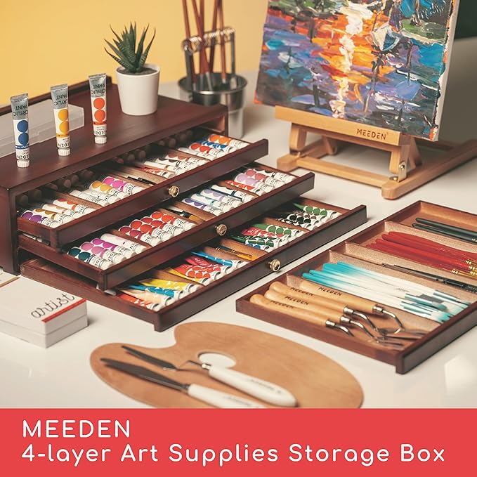 MEEDEN 4-drawer Wood Artist Supply Storage Box, Portable Beechwood Multifunctional Pencil Brush Organizer Wood Box with Drawer&Compartments for Pastels, Pencils, Pens, Makeup Brushes(Mahogany Color)
