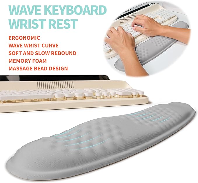 2-in-1 Ergonomic Set, Wave Rise Keyboard Wrist Rest and Massage Bulge Slope Mouse Pad Wrist Support, Cushion Memory Foam Integrated to Relieve Wrist Pain, Silver Gray