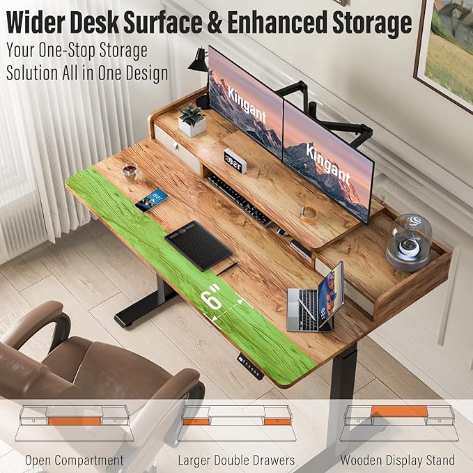Standing Desk with Drawers,Thickened Table Legs Sit Stand Desk Electric for Home Office & Gaming,Ergonomic Stand Up Desk Cable Management Tray(Classic Black) (Light Rustic Brown, 48″ x 30″)