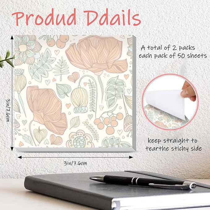 Sticky Notes 3x3 Inches, 2 Pads Cute Colorful Self-Stick Note Pads, Easy to Post for Home, Office and Daily Life Organization Boho Floral