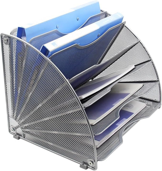 EasyPAG Desk File Organizer, 6-Section Vertical File Folder Holder Stand, Fan-Shaped Metal Rack File Sorter for Office Classroom Desktop Organization, Silver