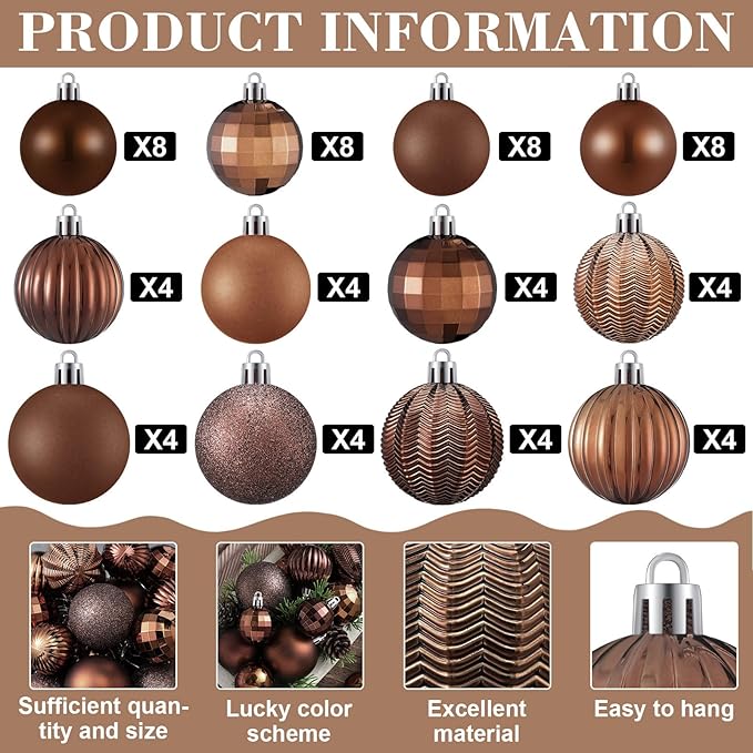 64 Pcs Neutral Brown Christmas Ball Ornaments Glitter Matte Brown Xmas Bulbs Ornaments 1.6/1.97/2.4 Inch Rustic Xmas Baubles Assorted Size Modern Christmas Decoration for Tree Home Indoor Decor