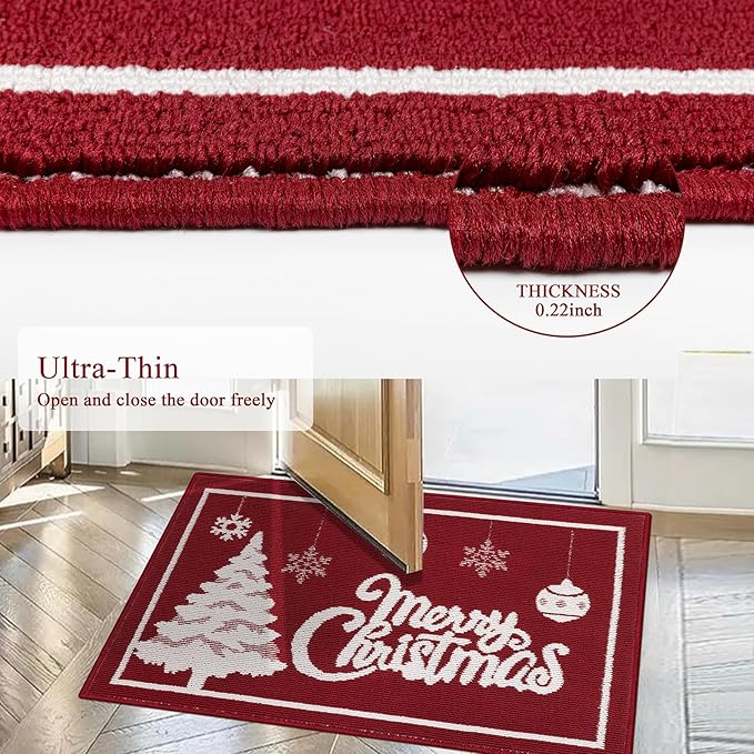 Christmas Doormat with Non Slip, Loop Pile Red and White Indoor Christmas Welcome Mat with Absorbent & Dirt-Trapping, Outdoor Christmas Tree Door Mat Front Porch Decor 32x48 Inch