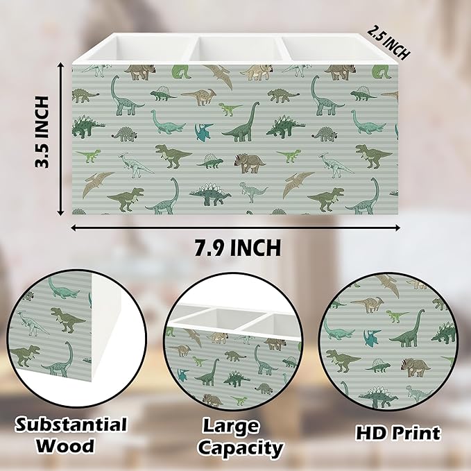 Dinosaur Gifts Pen Pencil Holder Organizer for Desk, Dinosaur Gifts for Boys Kids, Dino Striped Wooden Box Signs Decorations for Home Classroom Kids Boys Room Bedroom Desk Tabletop
