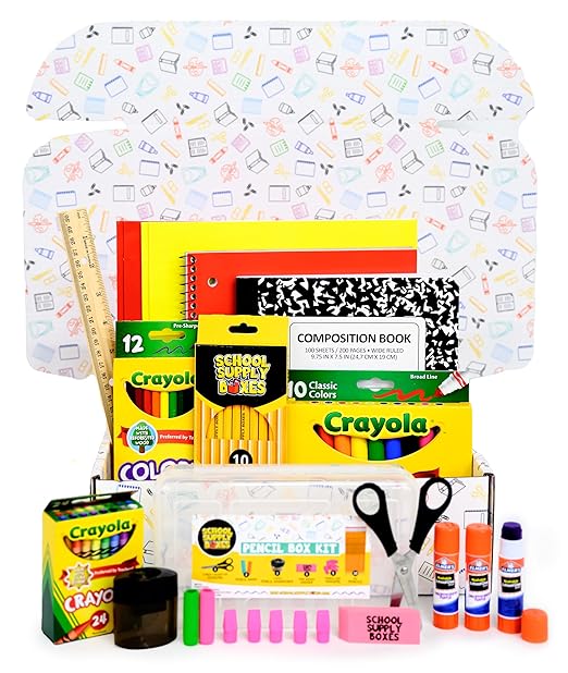 Back to School Supply Box (Case - 4 Boxes) - Grades K-5 Back to School Supplies - 32 Piece Kit Includes Markers, Crayons, Pencils, Scissors, Folders, Glue Sticks, Notebook, and Composition Book